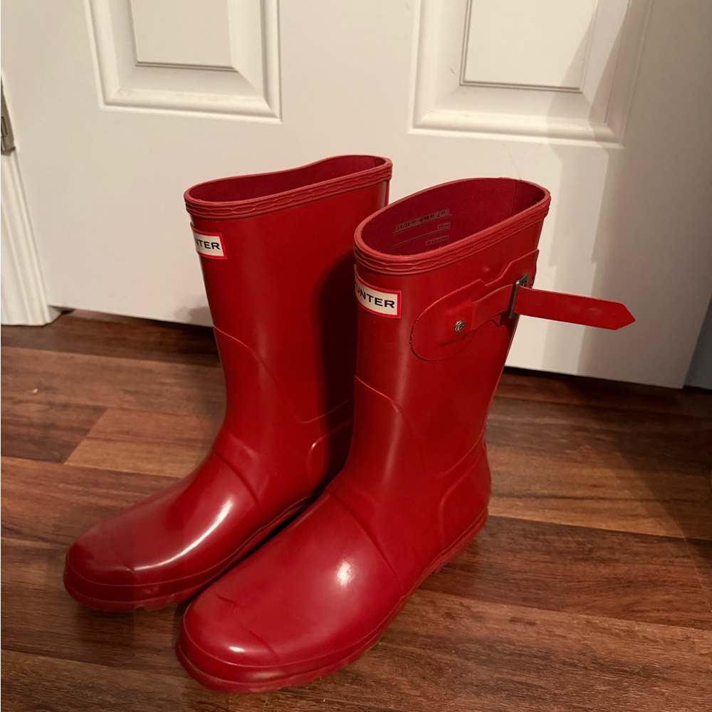 Hunter Red Winter and Rain Boots with Glossy Finish and Mid-Calf Height